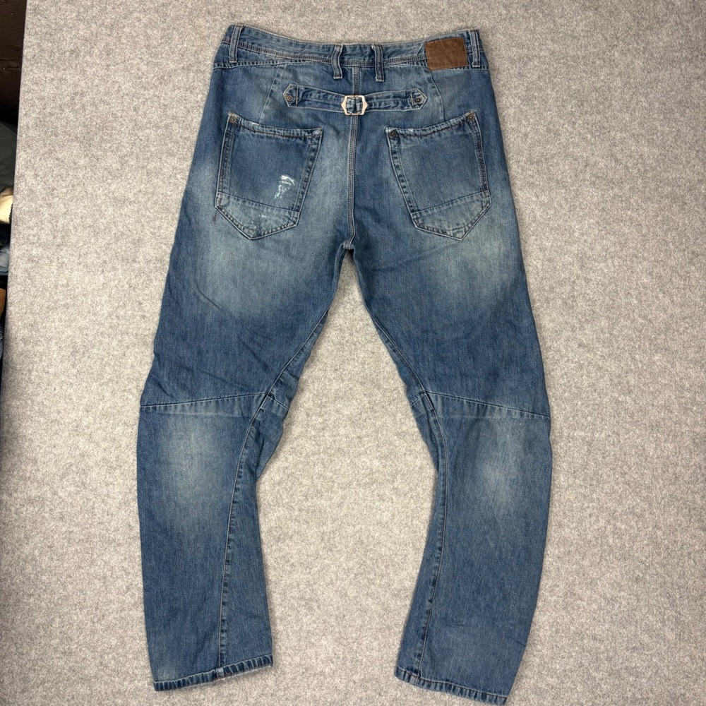 River Island Guerilla Mens 34x32 Blue Denim Buckle Back Twisted Leg Jeans